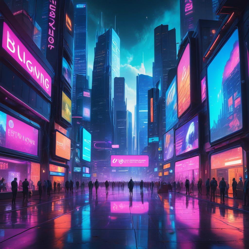 A futuristic landscape showcasing a vibrant digital storytelling hub, with bloggers using holographic screens and innovative tools to create content. Surrounding them, colorful thought bubbles burst with ideas and inspiration, symbolizing creativity. In the background, a skyline of modern buildings merges technology and art, emphasizing the evolution of blogging. The scene is illuminated with a blend of bright neon colors, creating an atmosphere of imagination and potential. super-realistic. cyberpunk. vibrant colors.