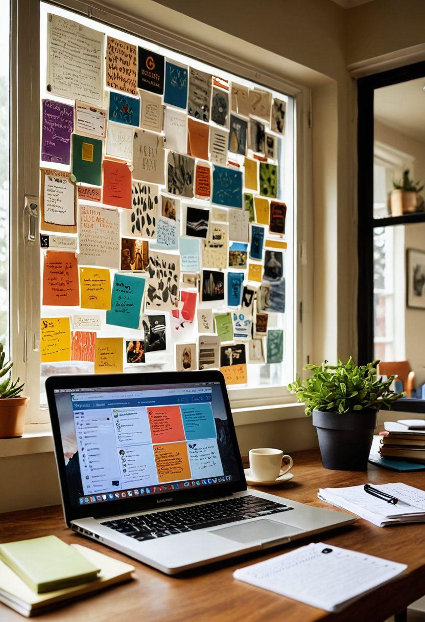 A dynamic workspace filled with an open laptop displaying a vibrant blog interface, surrounded by colorful journals and inspirational quotes pinned on a corkboard. In the background, a diverse group of individuals engaging in animated discussion over digital devices symbolizes collaboration and thought leadership. Light streaming through a large window adds warmth to the scene. super-realistic. vibrant colors. cozy atmosphere.